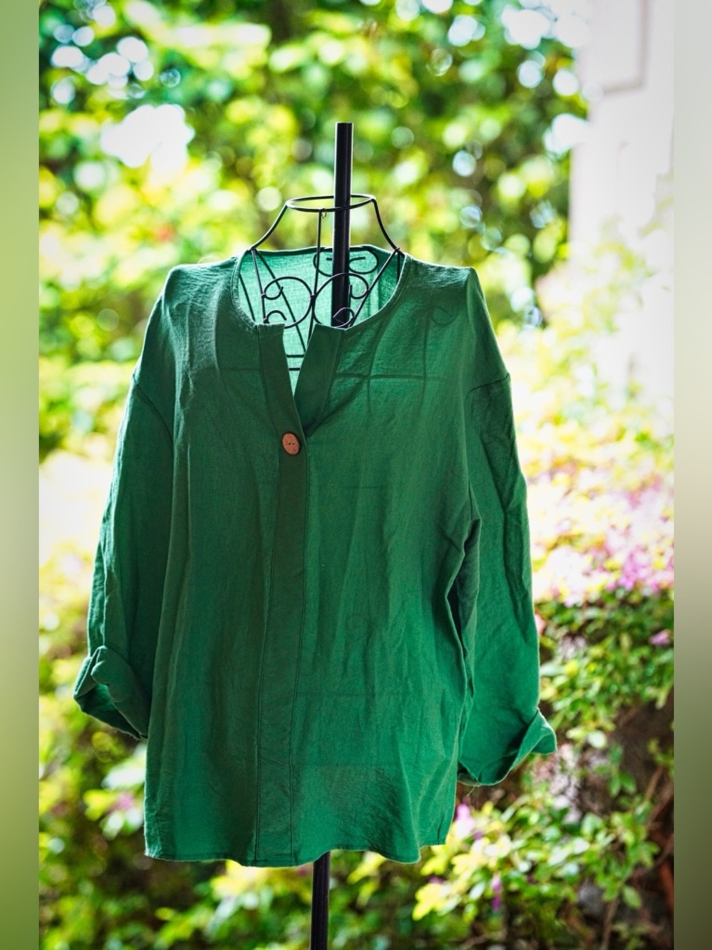 Forest Green Linen-Blend Tunic Top - Wooden Button Detail - Picture 1 of 6
